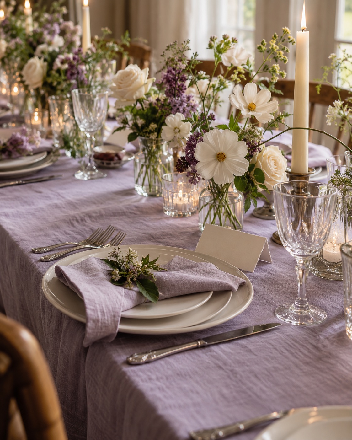 Illustrative wedding table with lavender linen, ivory flowers and candlelight